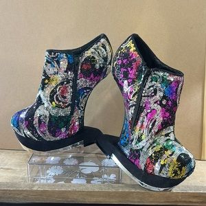 (VERY RARE) Privileged Rainbow Sequin Terina Heel Less Curved Wedge Bootie
